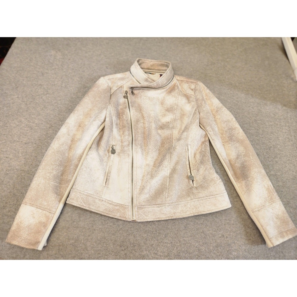 Desigual Jacket Women 40 Medium Beige Faux Leather Moto Mandala Embroidered Line
